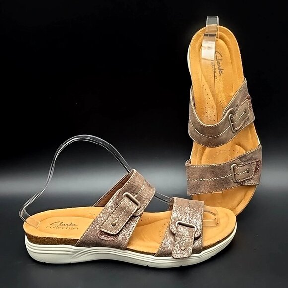 Clarks Shoes - Clarks Collection April Dusk Adjustable Brown Slide Sandals Women’s Size 9.5M